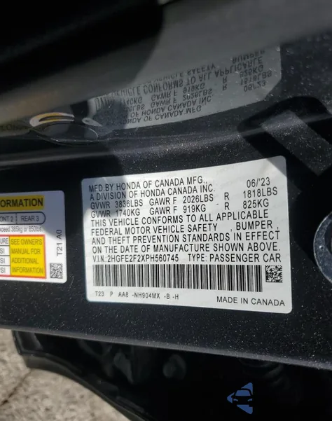 2023 Honda Civic Lx из США, поврежденный, VIN 2HGFE2F2XPH560745